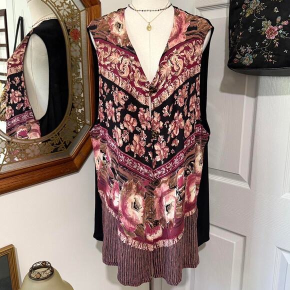 VTG 90s Carole Little Pink & Black Boho Fairy Whimsy Floral Sleeveless Vest Top - Picture 3 of 8